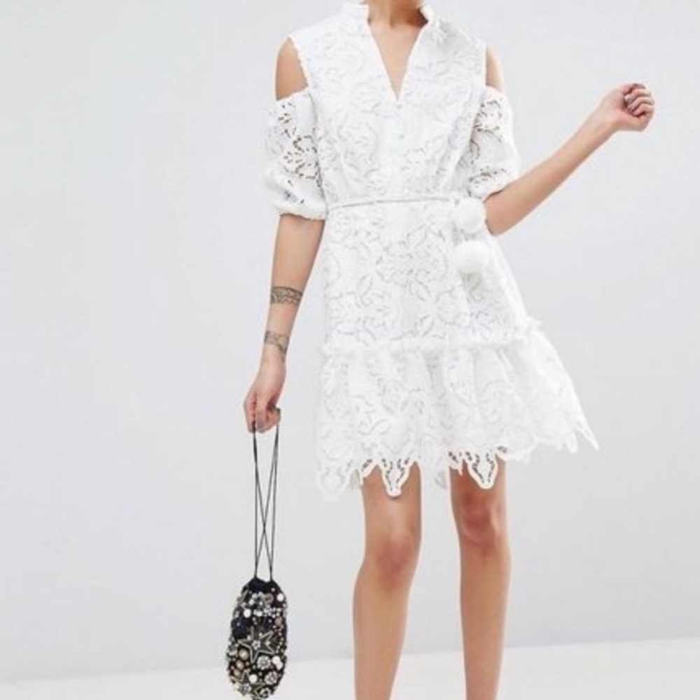 ASOS white lace cold shoulder dress with pom pom belt